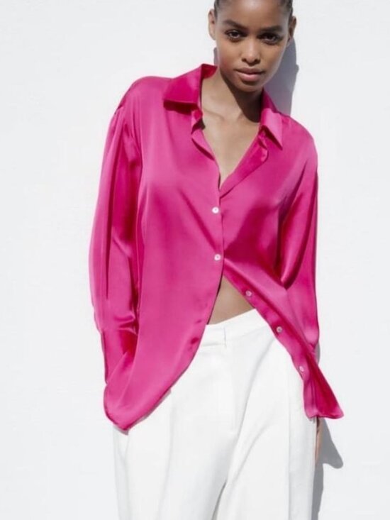 Zara Tops - Zara hot pink satin shirt